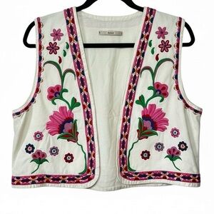 Embroidered Linen Blend Vest Floral Boho Parisian Sézane-Like L Pink Green Cream